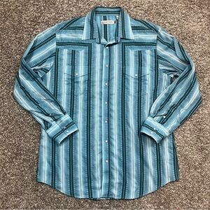 Roper Men’s Western Pearl Snap Shirt XL Blue Teal Striped Long Sleeve Rodeo